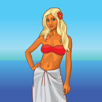Hot Bikini girl on the beach. Vector illustration