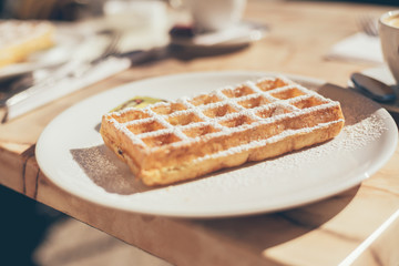 Waffle Dusted with Icing Sugar on Plate