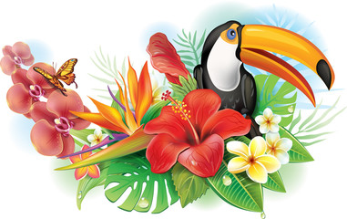 Red hibiscus, toucan and tropical flowers © Viktoriia Protsak