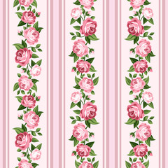 Vintage seamless stripped pattern with pink roses. Vector.