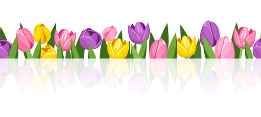 Horizontal seamless background with colorful tulips. Vector.