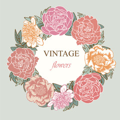 Colorful card with  hand drawn flowers in vintage style. Vector.