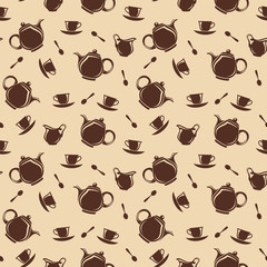 Seamless background with teapots and cups. Vector illustration.