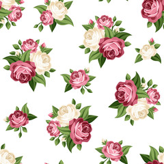 Seamless vintage pattern with pink and white roses. Vector 