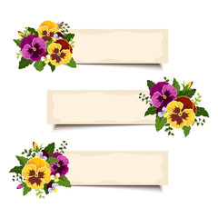 Three vector banners with pansy flowers. Eps-10.