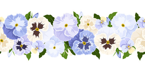 Horizontal seamless background with blue and white pansy flowers