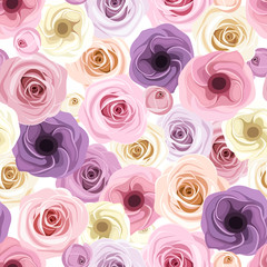 Seamless background with roses and lisianthus flowers. 
