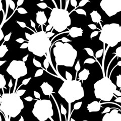 Seamless white pattern with roses on a black background. 