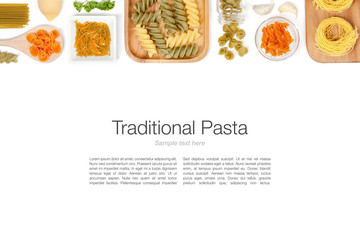 various pasta on white background top view