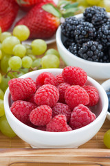 bowl of raspberries, fresh berries and green grapes