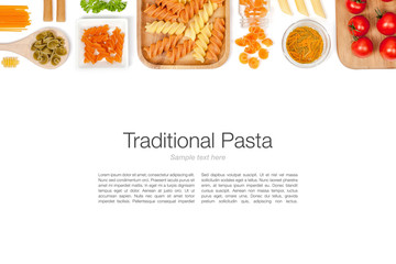 various pasta on white background top view