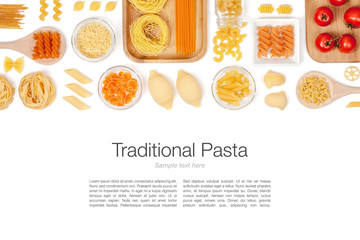 various pasta on white background top view