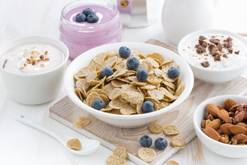crunchy flakes with blueberries and various yogurts