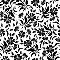 Seamless pattern with black flowers on a white background. 