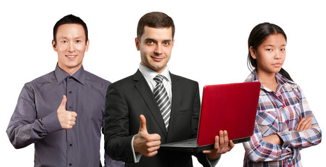 Asian team and male in suit with laptop in his hands