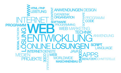 Web Entwicklung Online Lösungen Blau Wort tag cloud illustration