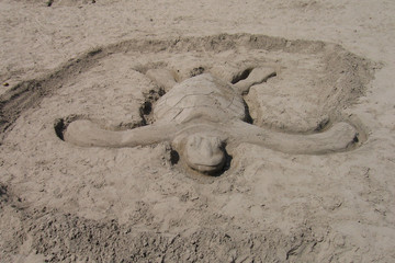 Sandy beach. A turtle figure made of sand.