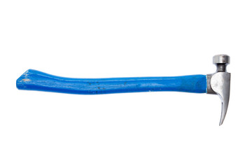 Used metal hammer with a blue handle
