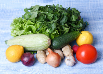 vegetables on а blue wooden table