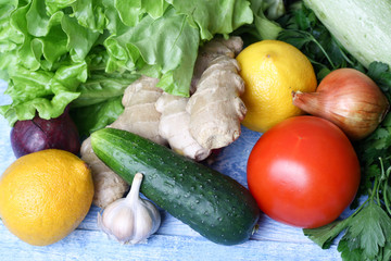 vegetables on а blue wooden table