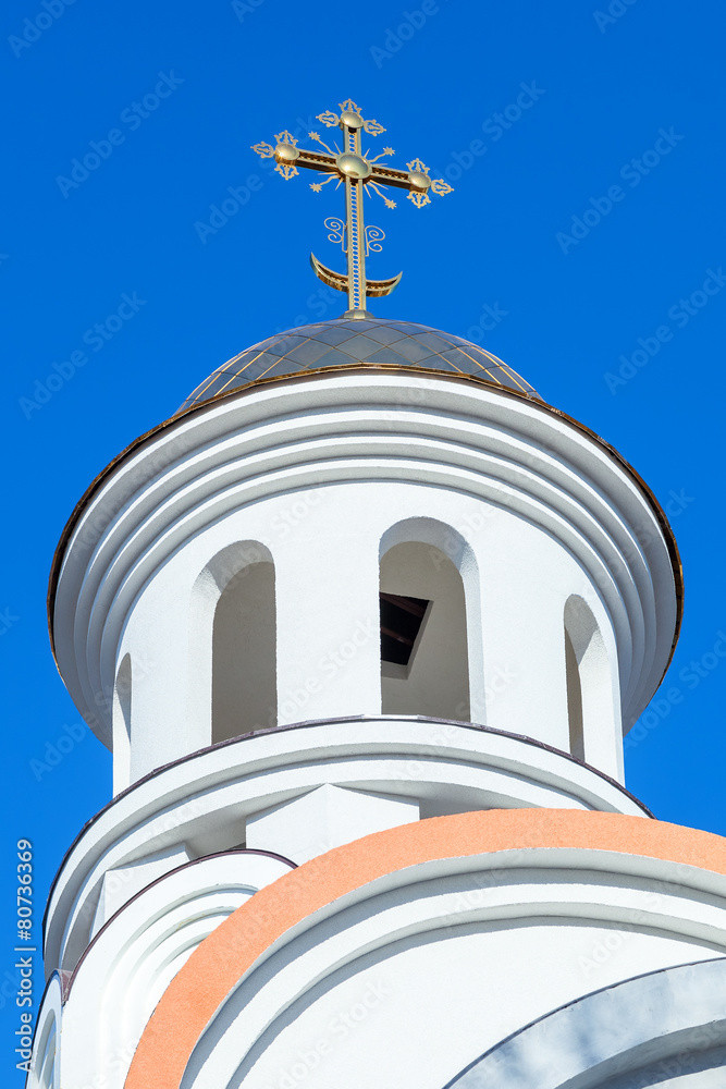 Sticker Golden dome of Russian orthodox church with cross against blue s