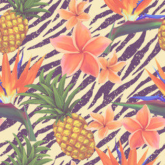 Tropical exotic flowers and pineapple seamless background in