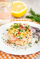 Fresh vegetable and crab salad with mayonnaise