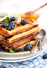 Lemon blueberry waffles with honey