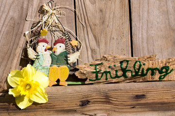 Hahnenpaar mit Osterglocke im Frühling