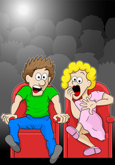 Naklejka premium ein Pärchen schaut sich einen Horrorfilm im Kino an