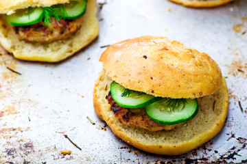 chicken burger on a baking sheet