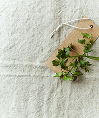 Green parsley on a paper label