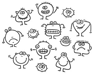 Simple Cartoon Black and White Monsters Set