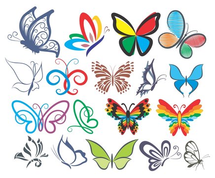 Set of logos of butterflies in different styles.