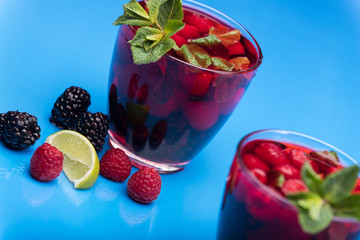 Raspberry and blackberry cocktail with mint garnish. Studio shot