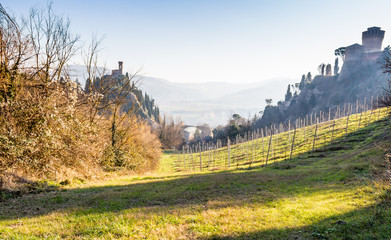Fototapeta premium Medieval Fortress and clock tower among hills in the fog
