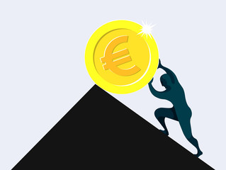 Sisyphus, man rolling and pushing euro coin uphill