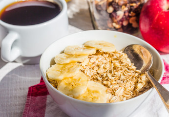 oatmeal with bananas, apples, nuts and dried fruit jar