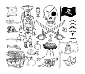 doodle pirate elememts, vector illustration.