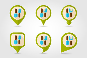 Garden tool flat mapping pin icon with long shadow