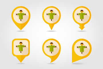 Scarecrow flat mapping pin icon with long shadow