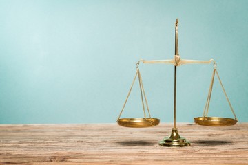 Justice. Law scales on table. Symbol of justice