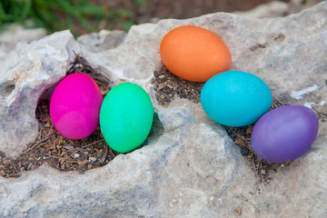Colorful eggs on a rock