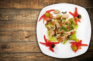 Broccoli. Pasta with broccoli and shrimp on a plate, top view