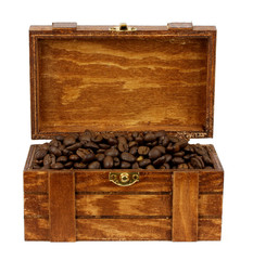 wooden box with coffee beans on a white background