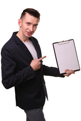Businessman holding a white piece of paper with empty space for