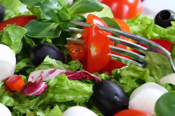 Tomato pinned on a plug in salad from a mozzarella, tomatoes, ol