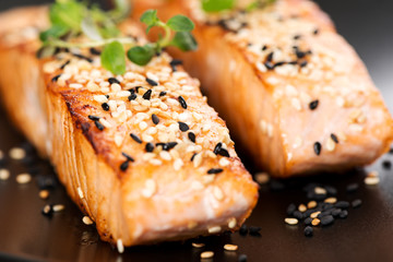 Grilled salmon on black plate selective focus macro