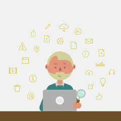 Vector cartoon programmer working on his computer in flat style