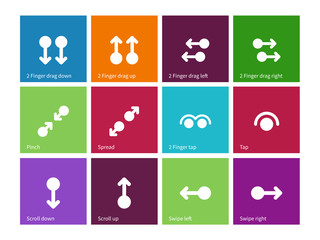 Collection of touch screen gesture icons on color background.